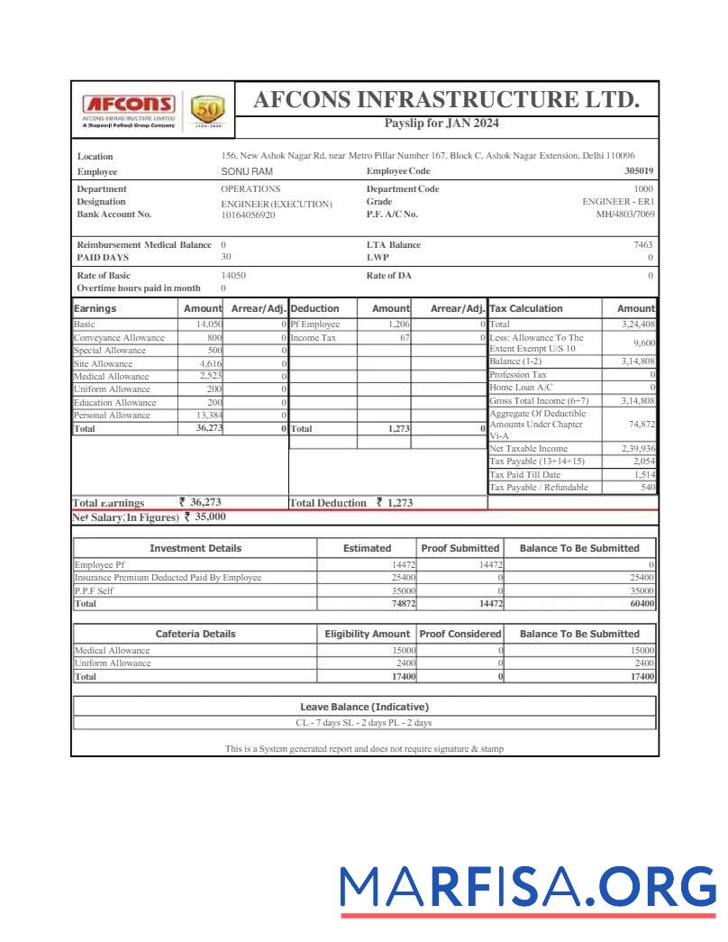Printable Afcons Infrastructure payslip real example